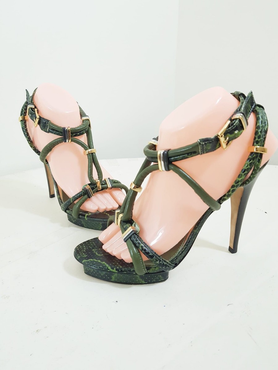 Topshop Womens Green Snakeskin Strappy High Heel Shoes UK EU 39