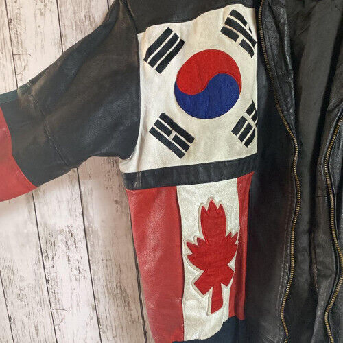 PHase2 90s Vintage Flag Pattern Leather Jacket size L black PHase2 90s Vintage Flag Pattern Leather Jacket size L black