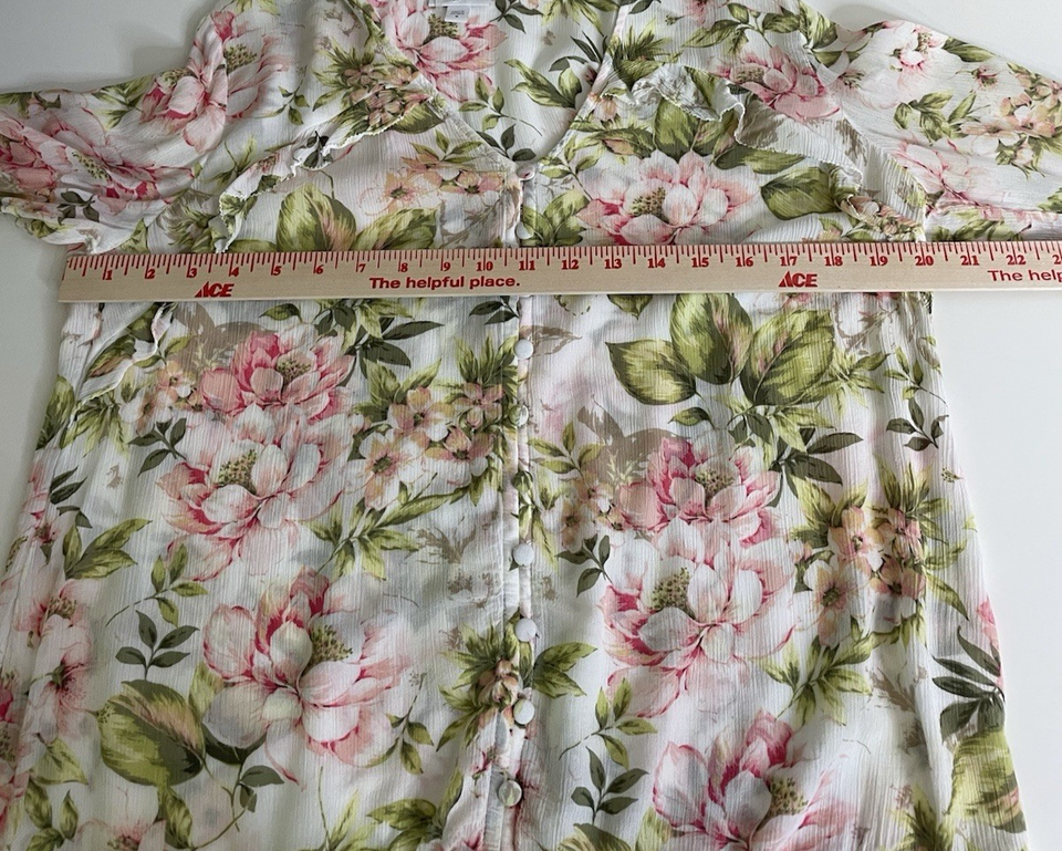 J Jill Size M Romantic Pink Green Floral Blouse Top Buttons Ruffles ...