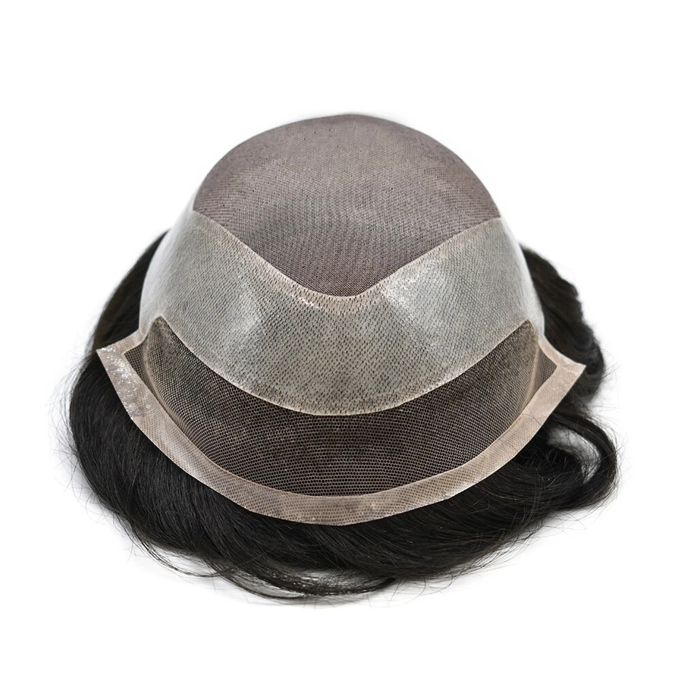 Peluca de piel de polietileno mono fina sistema de pieza de cabello frontal de encaje francés toupee para hombre Foto 4 de 4