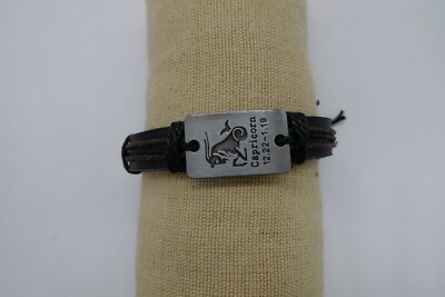 Zodiac medal CAPRICORNIO Leather cord bracelet BLACK adjustable 