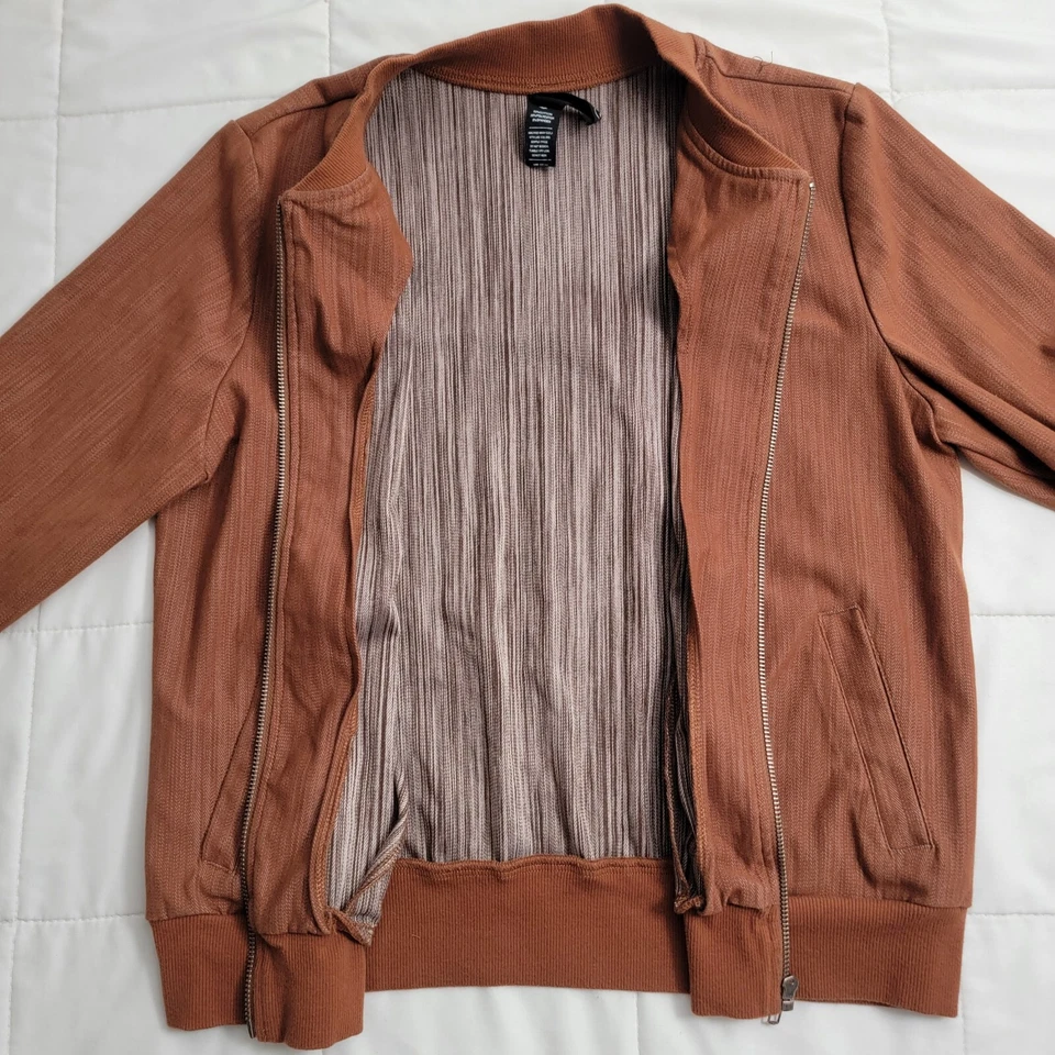 Chaqueta Bomber Agnes & Dora Chambray Cremallera Completa Talla Grande Marrón Bolsillos Suéter Foto 3 de 4