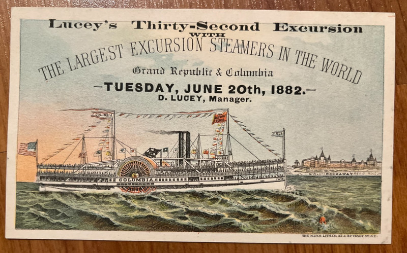 1882 Excursion Steamers Grand Republic & Columbia to Rockaway Beach trade card