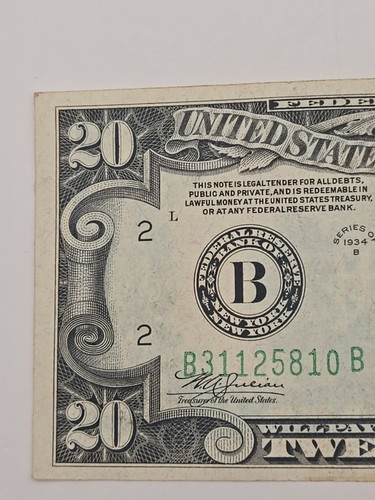 1934 B Twenty $20 Dollar Federal Reserve Note B New York, New Yoke - Picture 2 of 8