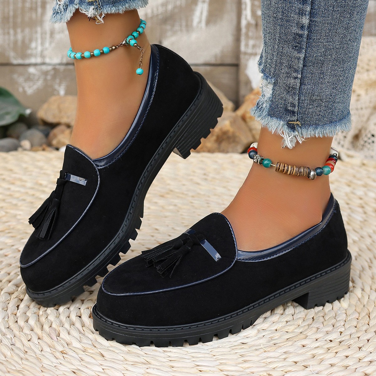 SAOLA Mocassino donna punta tonda penny plateau tacco grosso suola a strappo casual slip on