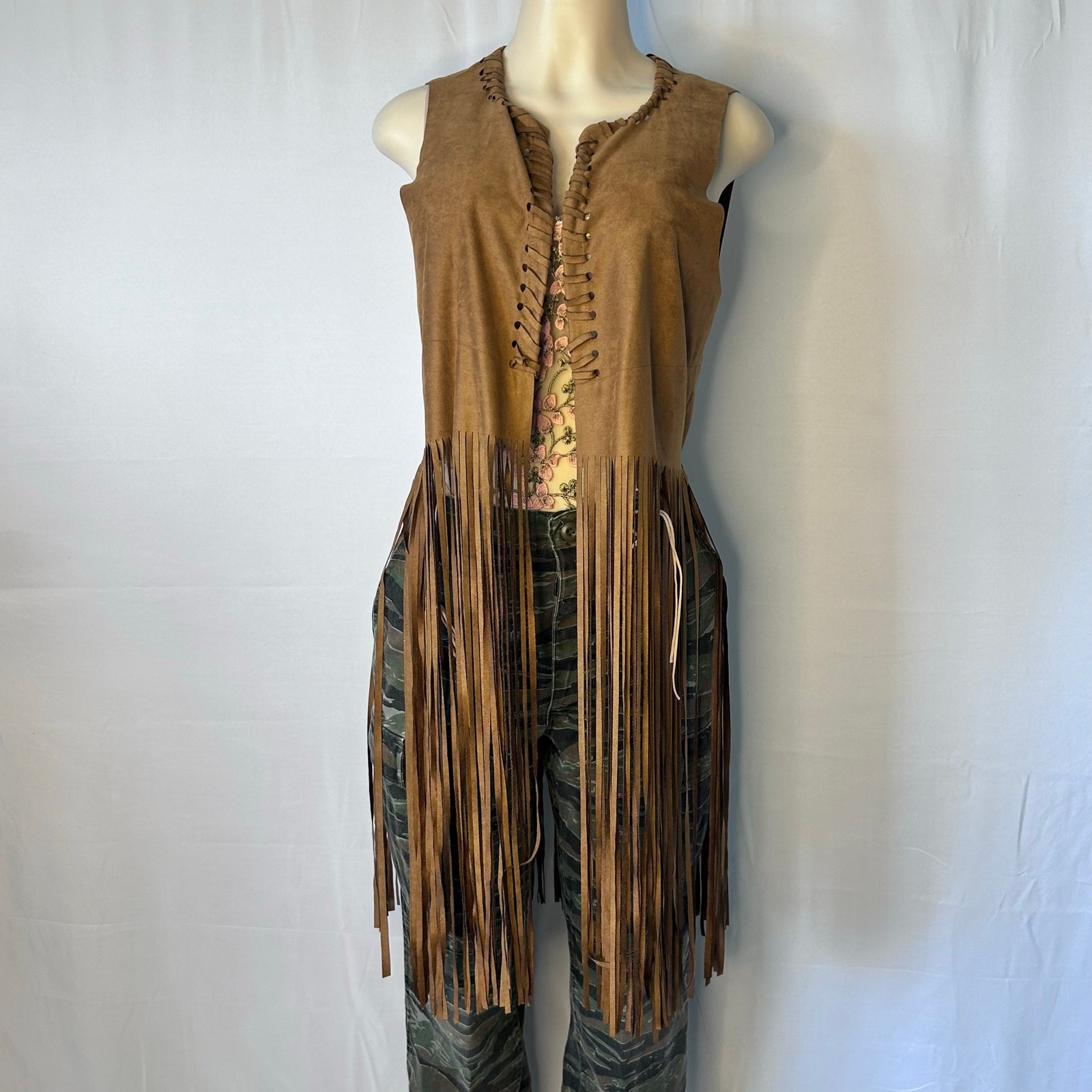 Brown Faux Suede Fringe Vest Long Western Boho Festival Layering S