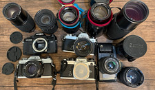 Vintage 35mm Film SLR Lens Lot Nikon FM/FE, Minolta X-700/X-370, T70 as is