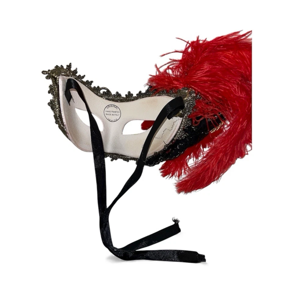 MACARADA VENECIANA PINTADA A MANO MÁSCARA ROJA HECHA EN ITALIA, VENECIA - Plumas Flor Foto 3 de 3