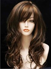 100 Human Hair New Fashion Women's With Bangs Long Natural Brown Wavy Wig 24 In