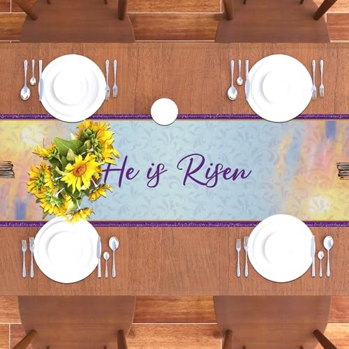 Linen Happy Easter Table Runner He is Risen Tablecloth Christian Cross Easter - Picture 7 of 8