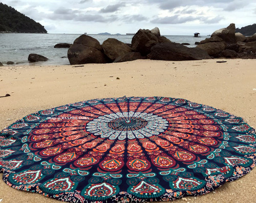 Round Beach Tapestry Blue Orange Mandala Throw/Boho Hippie Beach Blanket Roun... - Bild 3 von 7