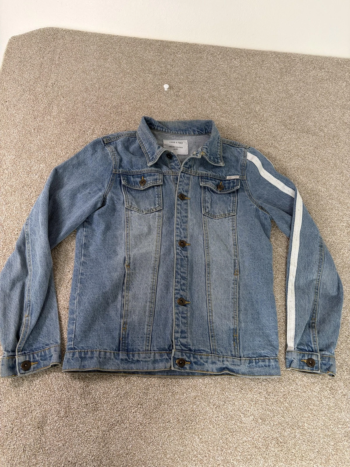 Liquor N Poker Denim Jacket Mens Medium Blue Stripe Sleeve Trucker Button Front
Opens in a new windo