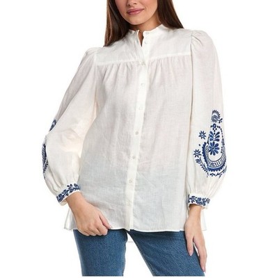Weekend Max Mara Carnia Linen Shirt 8 White Blue Embroidered Tunic Boho
