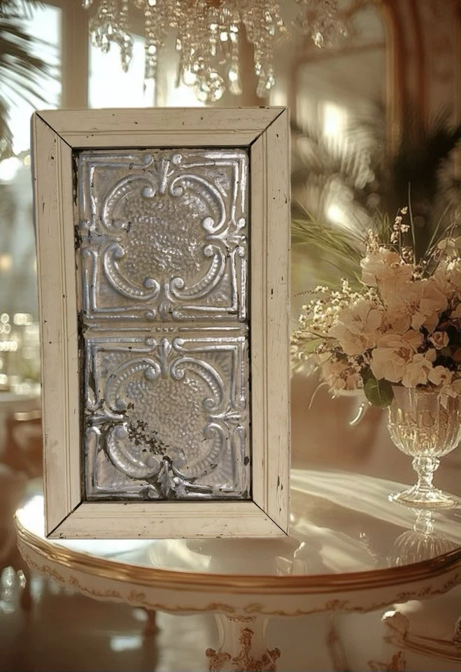 VTG French FleurDeLis Antique Metal Tin Ceiling Tile Architectural Salvaged Art - Image 3 of 4