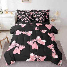 Kids Bowknot Comforter Set Size 7 Pieces Bow Boys Girls Fairy Twin Black Pink