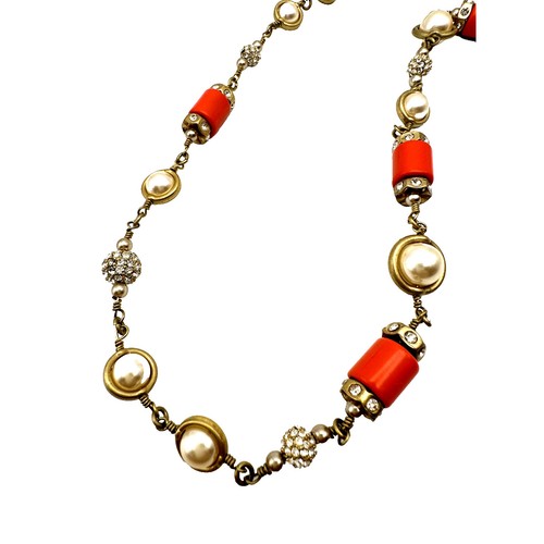 J. CREW NECKLACE Gold Tone Faux Pearl Pavé Balls Rhinestones Orange Pops - 28" - Picture 3 of 5
