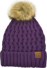 C.C Beanie Women  s Thick Cable Knit Faux Fuzzy Fur Pom One Size, Purple