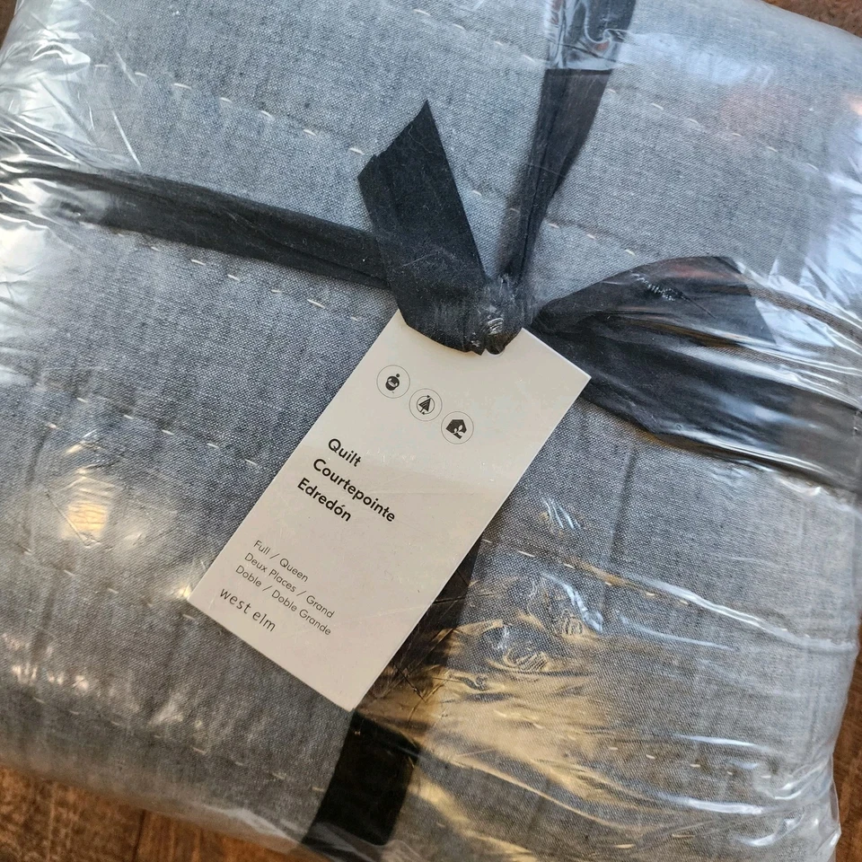 West Elm European Flax Linen Cotton Pick Stitch Full Queen Quilt Indigo Blue New - Image 2 of 4