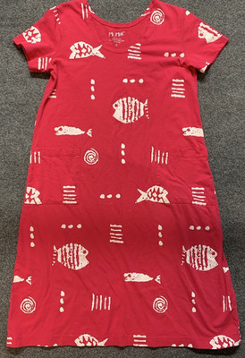 m mac cotton dresses M. Mac Fish Print Cotton Knee Length Dress Hot Pink Short Sleeve S Pockets  VCS