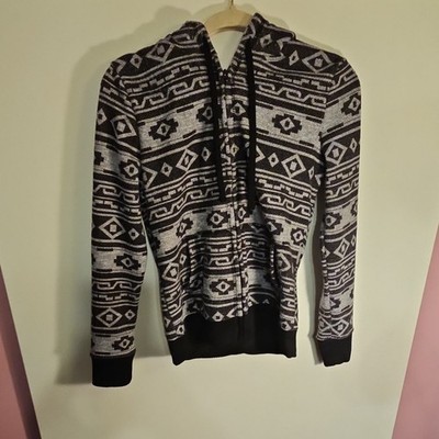 Almost Famous Aztec Full Zip Fleece Hoodie Gray Black M Polyester Hooded