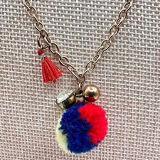 Vintage 80s Gold Tone Chain Necklace Red Navy Pom Tassel Charm Rhinestone D4647