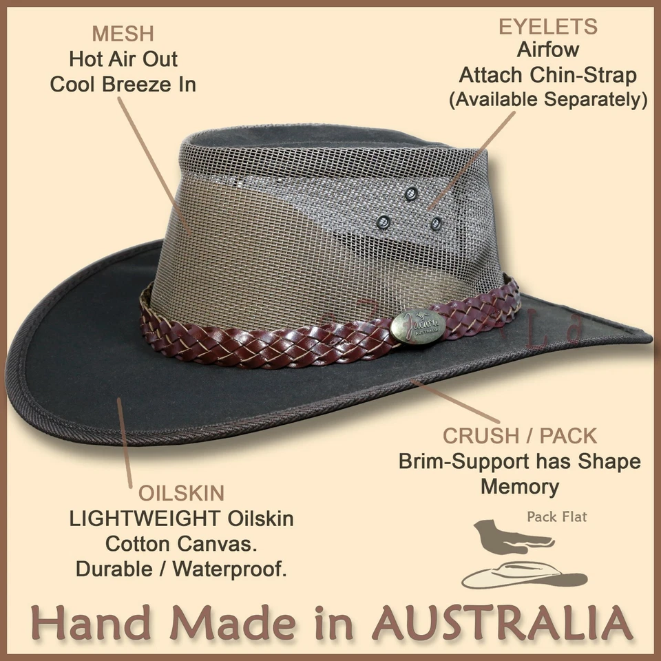 【oZtrALa】 Sombrero AUSTRALIANO Piel Ólea Lona Jacaru OUTBACK Cuero Hombres Negro Vaquero Foto 4 de 4