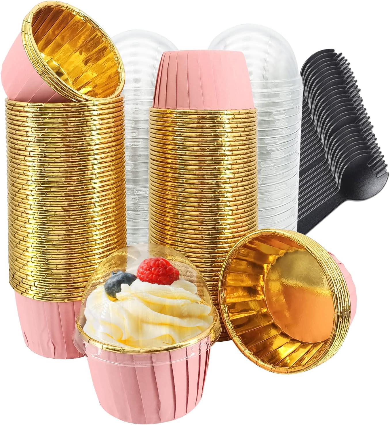 100-Pack Pink 3.5Oz Foil Cupcake Liners with Dome Lids-image