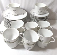 Queen's Royal China Japan Tea Trio Cup Saucer Plate Gray Rose Silver 14 Pl Set