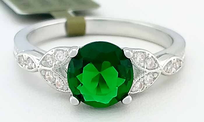 LAB  1.60 Cts EMERALD & WHITE SAPPHIRE RING 14K WHITE GOLD PLATED - New with Tag