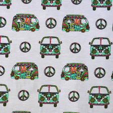 mittelgrauer Jersey mit VW-Bus Bulli Hippie Peace 50 cm x 150 cm Nähen Stoff ♕