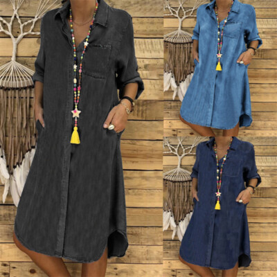 Women Ladies Denim Dress Shirt Midi Long Sleeve Loose Buttons Solid Color Gown