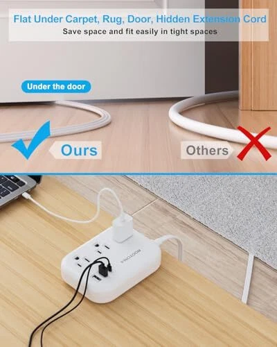 Flat Extension Cord 10 FT Behind Furniture-Ultra Slim Cord Under Carpet, Rug,... - Picture 2 of 7