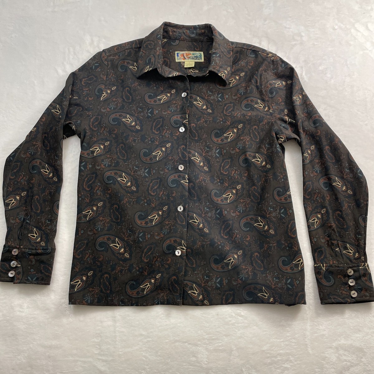 La Cabana Brown Paisley Long Sleeve Button Up Shirt Women Size: L | eBay