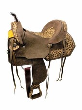12" Double T Youth Hard Seat Barrel Style Saddle with Cheetah Print Seat 