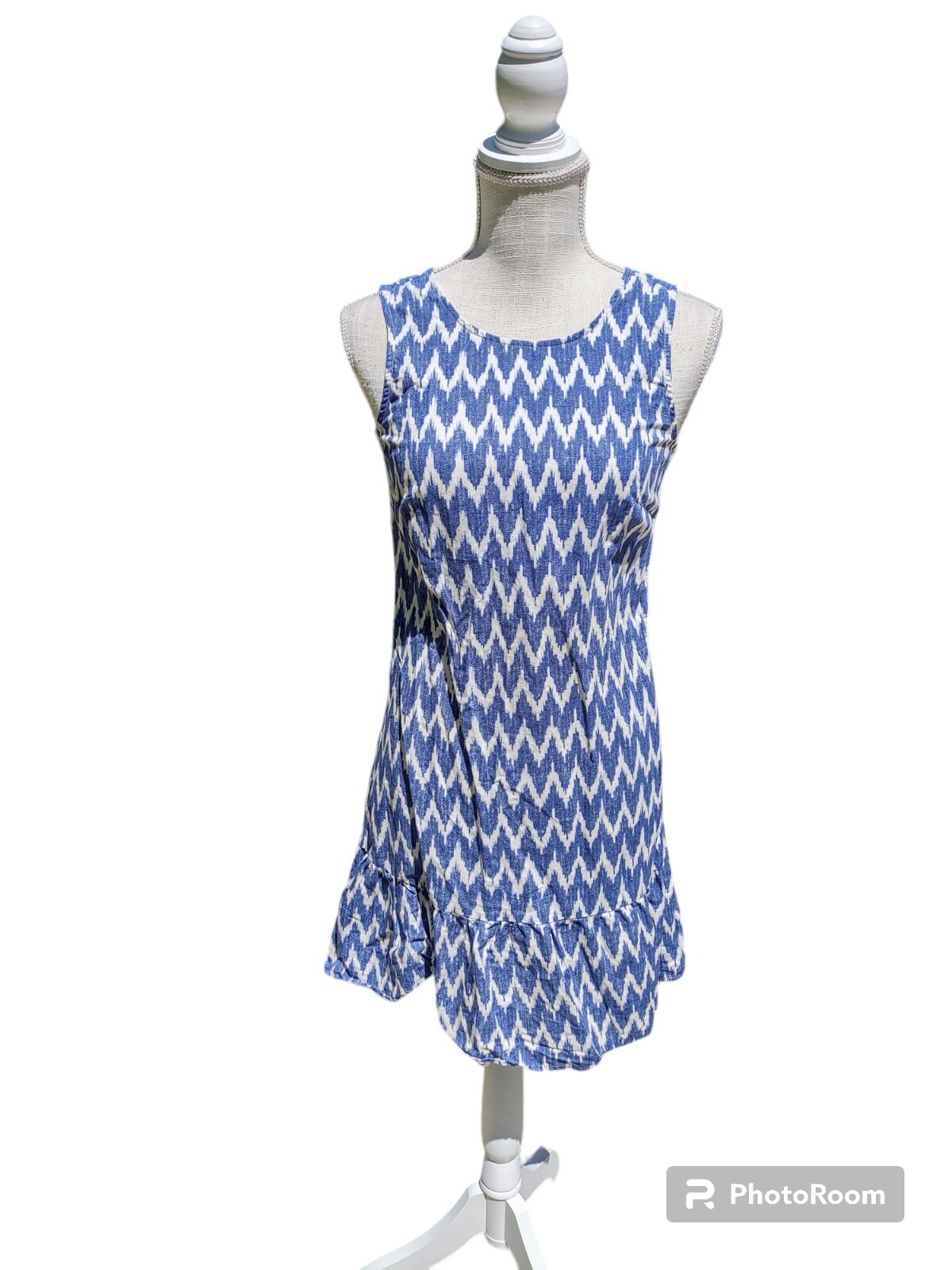 J. Crew  Linen Blend Dress Blue White Chevron Bowback Sleeveless Women's XXS