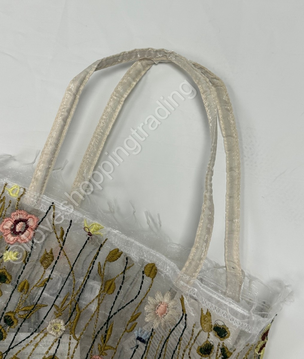 ZARA CREAM ORGANZA TULLE FLORAL EMBROIDERY TOTE BAG MULTI