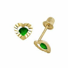 Baby Girl Emerald Birthstone Laser Cut Heart Shape Stud Earrings 14K Yellow Gold