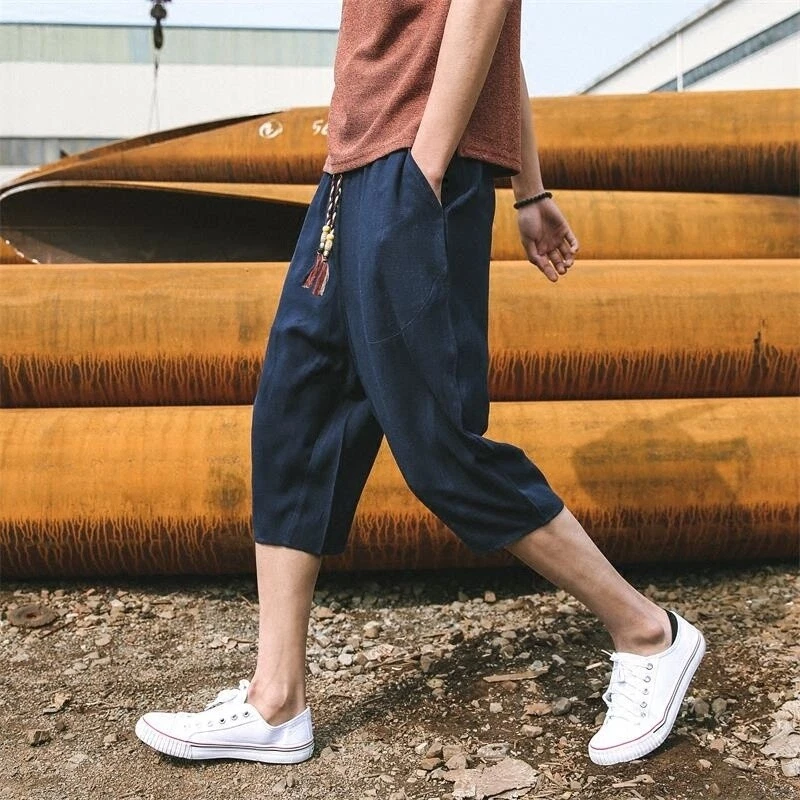 Men Cropped Trousers Linen Cotton Capri Pants Harem Shorts Baggy Calf  Length