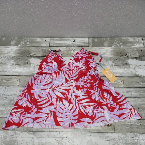 Women's Square Neck Sharkbite Hem Tankini Top Kona Sol Red & White Leaf XS (0-2) - Picture 8 of 12