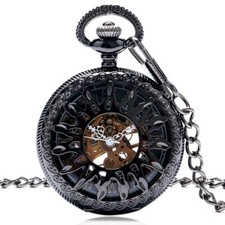 Black Sun Flower Hand-winding Mechanical Pocket Watch with Pendant Chain Unisex