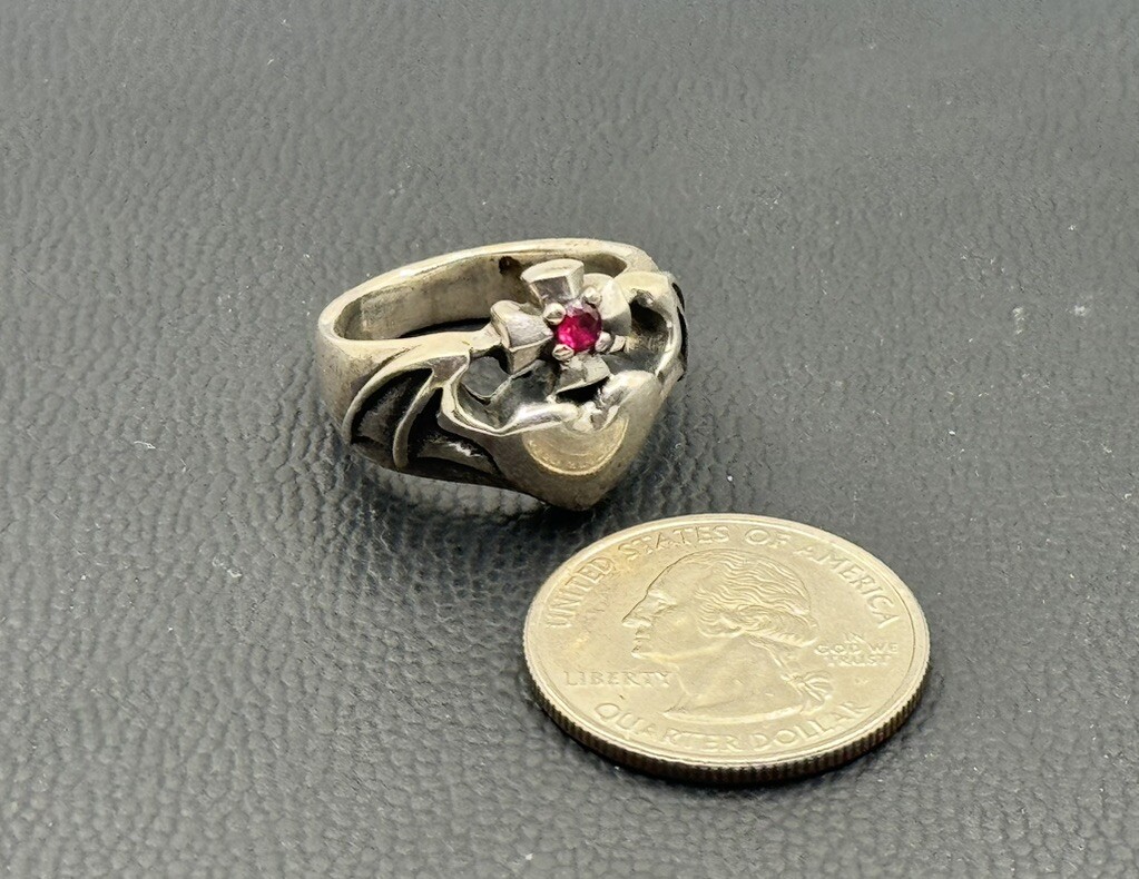 HUGE CLADDAGH CROSS LAB RUBY RING HEART TWO HANDS… - image 4