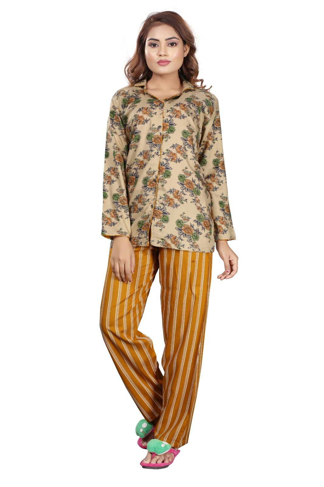 Indian Button-Down Shirt Pajama Night Suit Set Women's Ethnic Sleepwear Dress-image
