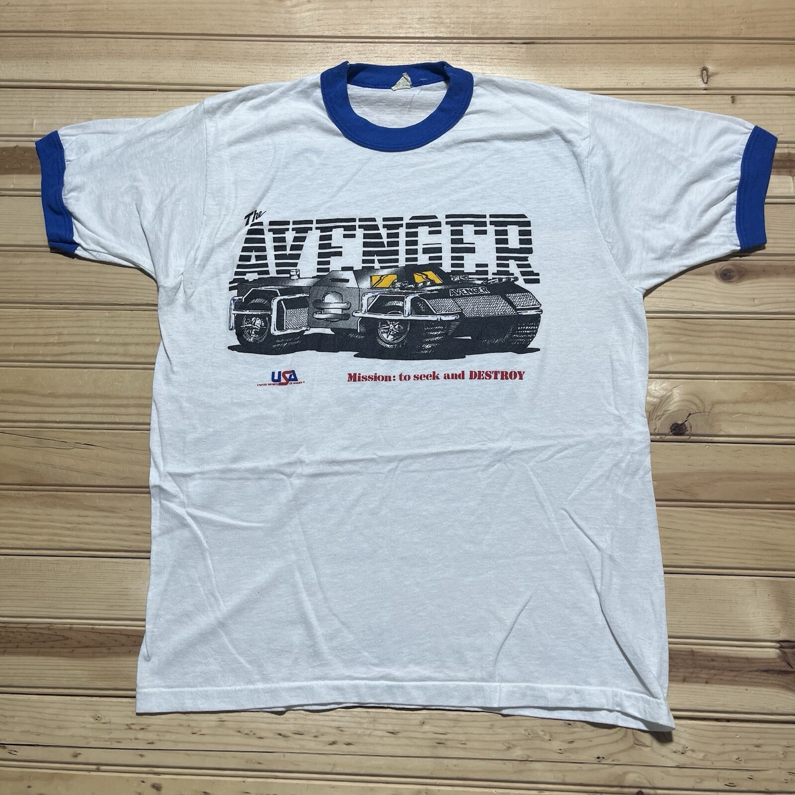 Vintage 80s Avenger Mission Seek Destroy Military Ringer T-Shirt Size XL  