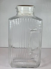 Vintage ARC France Ribbed Glass Pitcher With Lid 2 Qt Retro Refrigerator Jug