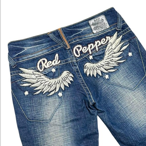 Red Pepper Bootcut Denim Jeans Blue Angel Wing Embroidered Size 28 Japan Used