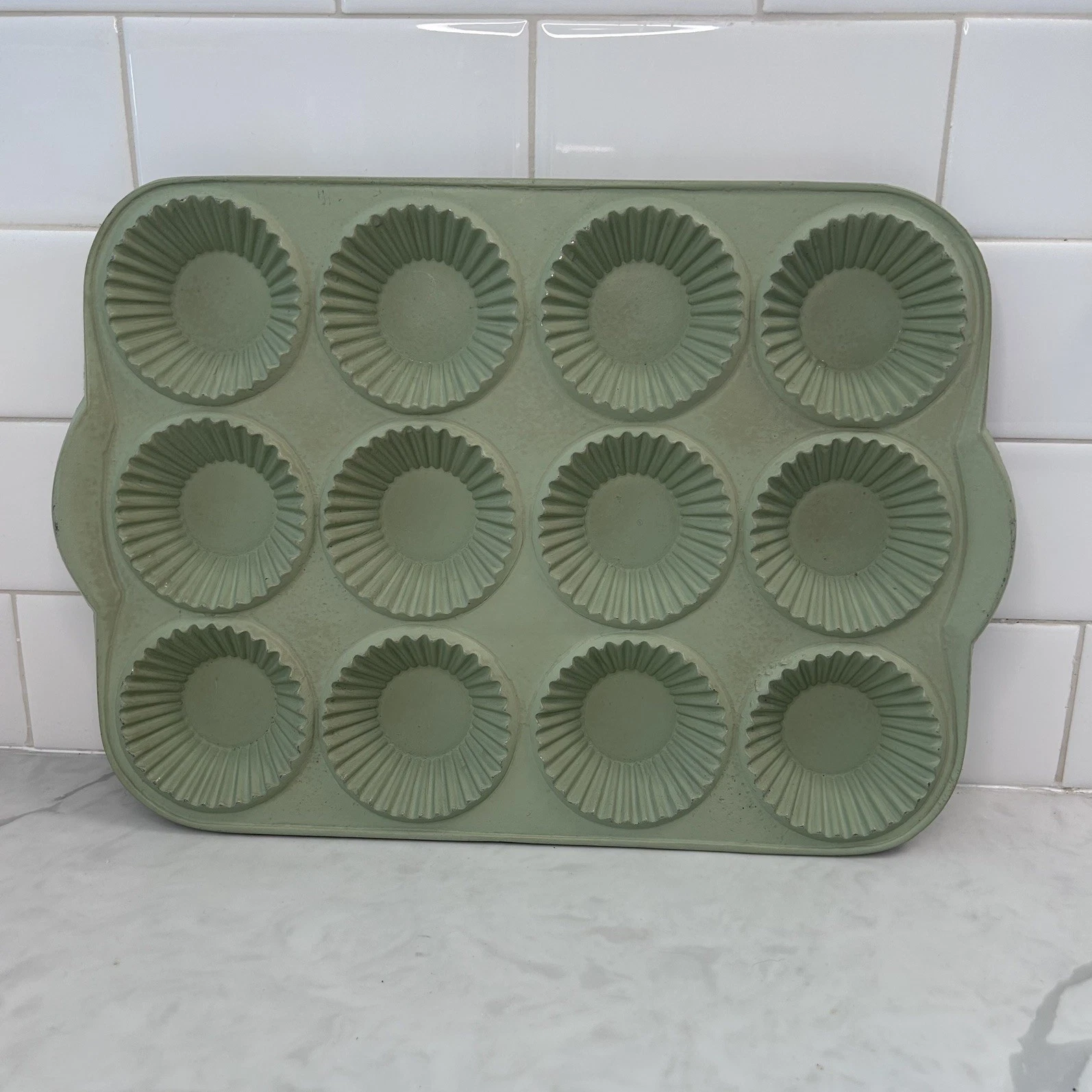 Vintage Minneapolis Minnesota Cupcake Tart Muffin Pan Cast Aluminum Sage Green