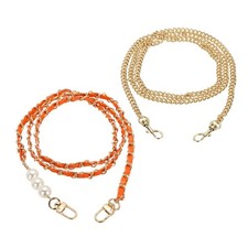 2 Pcs Purse Chain Strap with Pearl, Light Gold Chain with Orange Leather