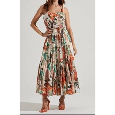 ASTR the Label Almina Dress Sz S Taupe Orange Multi Floral Tiered Maxi Botanical