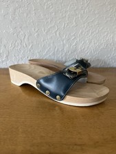 Vtg 70s Dr Scholl Wooden Exercise Sandals Blue Leather Clog Unworn Deadstock 7