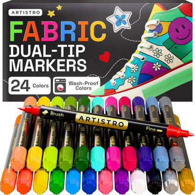 24 Dual-Tip Fabric Markers - Fabric Decorating Kit - Permanent for Clothes - Acr
